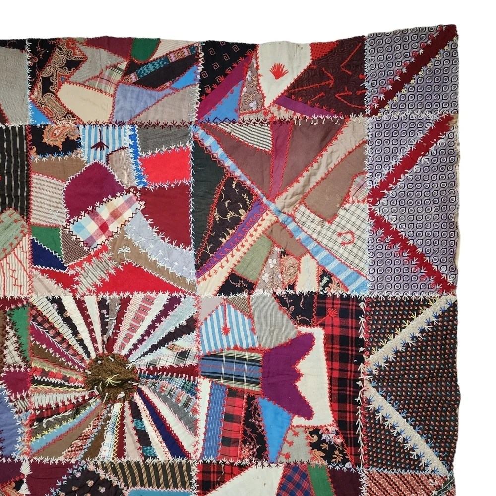 ANTIQUE Crazy Quilt top hand swen cotton quilt top to‎ be finished 65in x 65in